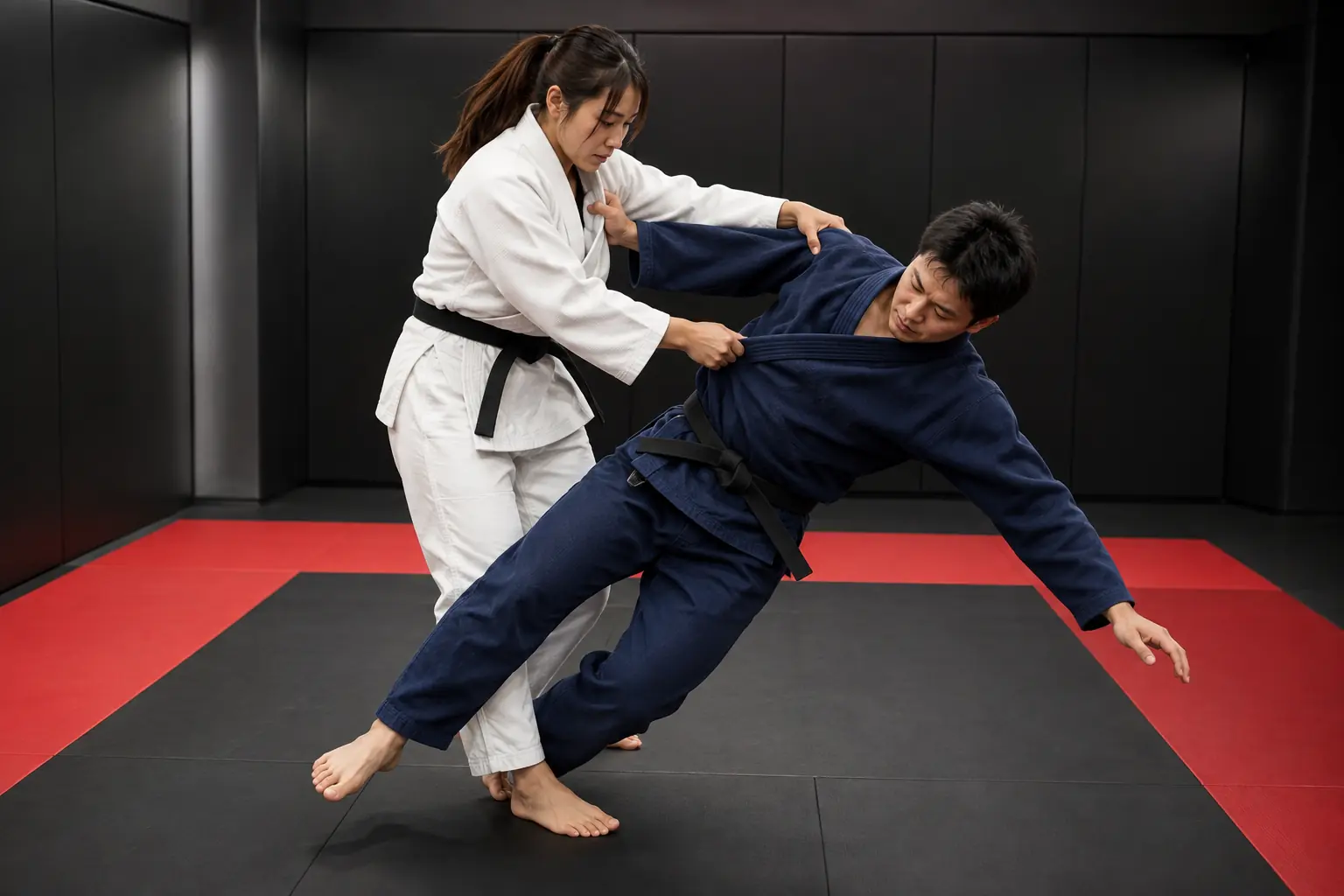 女性が崩しと重心移動で男性を倒す実演